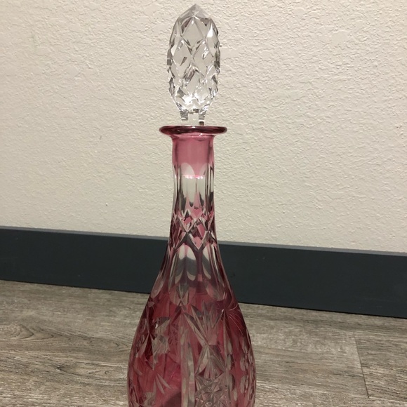 NACHTMANN TRAUBE 14.5" HEAVY CRYSTAL CRANBERRY CUT TO CLEAR DECANTER & glasses - Picture 7 of 9